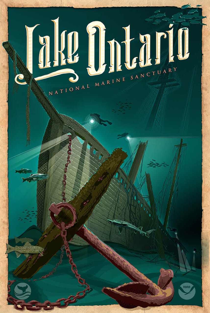 Lake Ontario National Marine Sanctuary vintage poster with underwater shipwreck