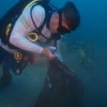 Scuba diver collecting debris from ocean floor underwater