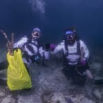 Two scuba divers collecting debris during underwater ocean cleanup