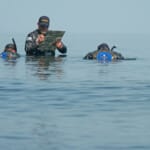 NOAA divers in water reviewing documents during marine survey